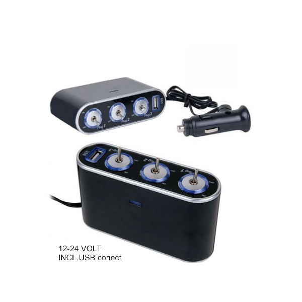 3-way USB with on/off button 12-24V