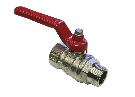 BALL VALVE + RED HANDLE 3/8"M x 3/8"F NICKEL PLATED