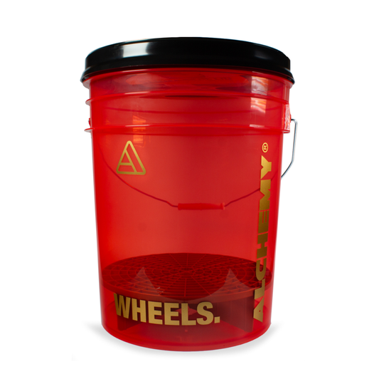 Alchemy Transparent Red Wheels Bucket With Screw Lid, Grit Guard & Gold Decals